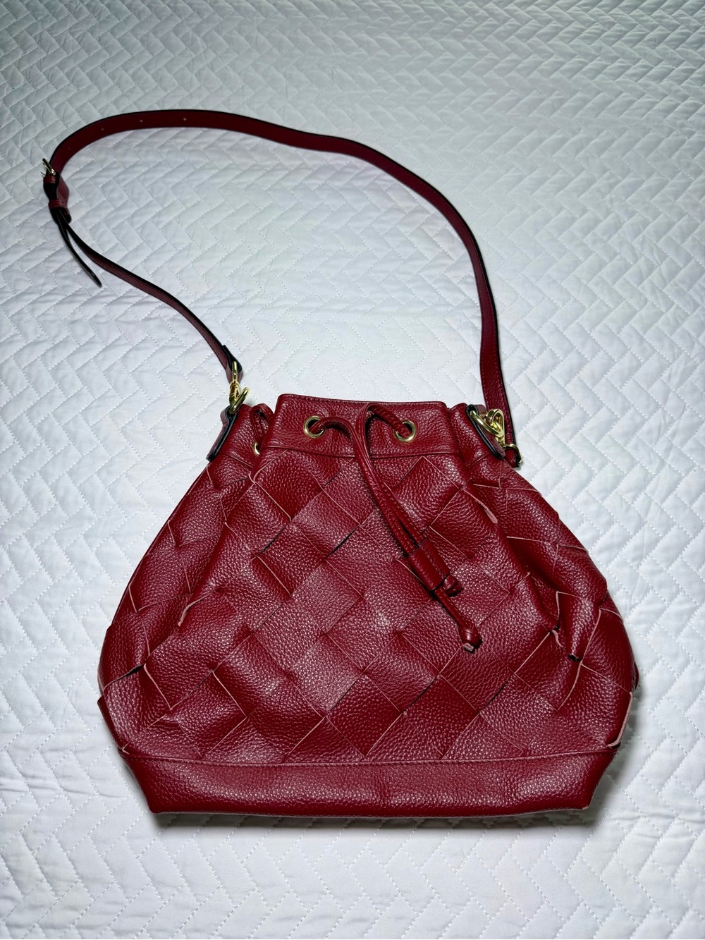 Woven Leather Drawstring Crossbody Bag